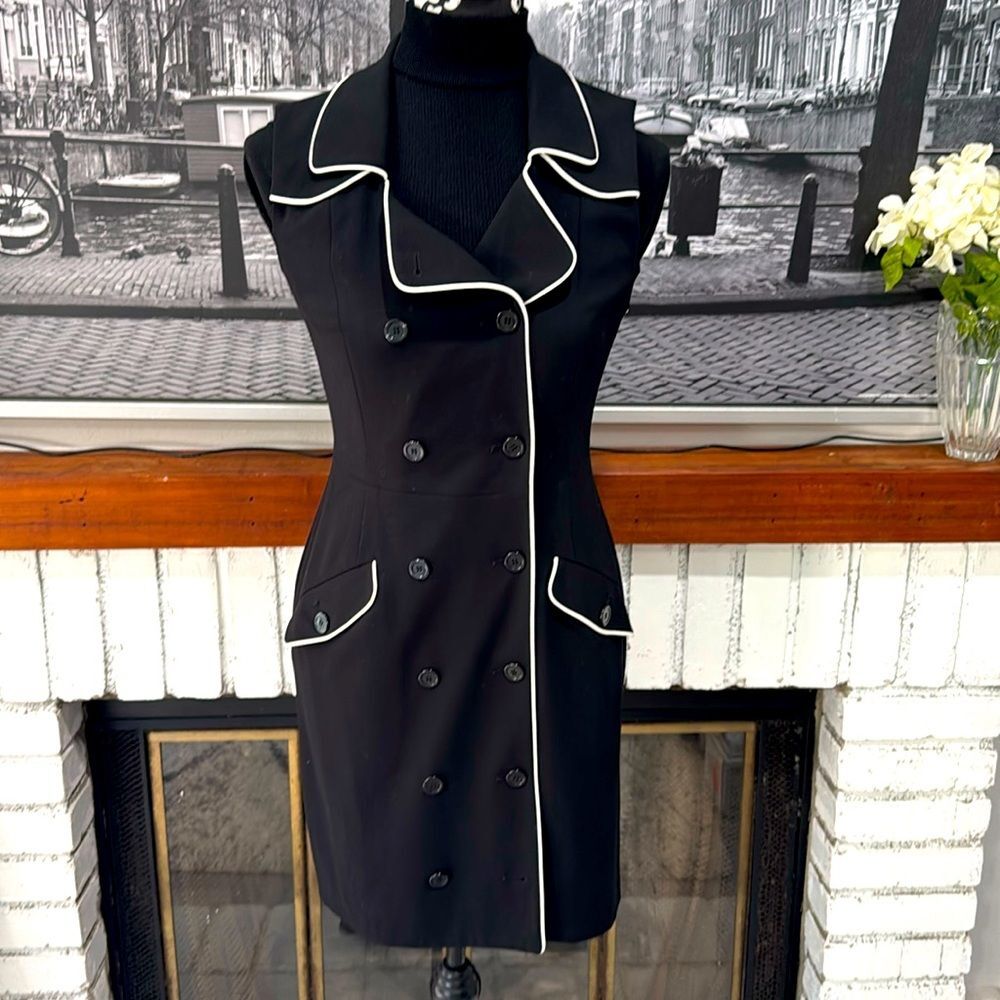 Calvin Klein Black Double Breasted Career Dress White Trim Sz Small